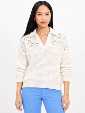 LOFT Ivory Crochet Lace Polo Sweater Cotton Blend - Size L - NWT